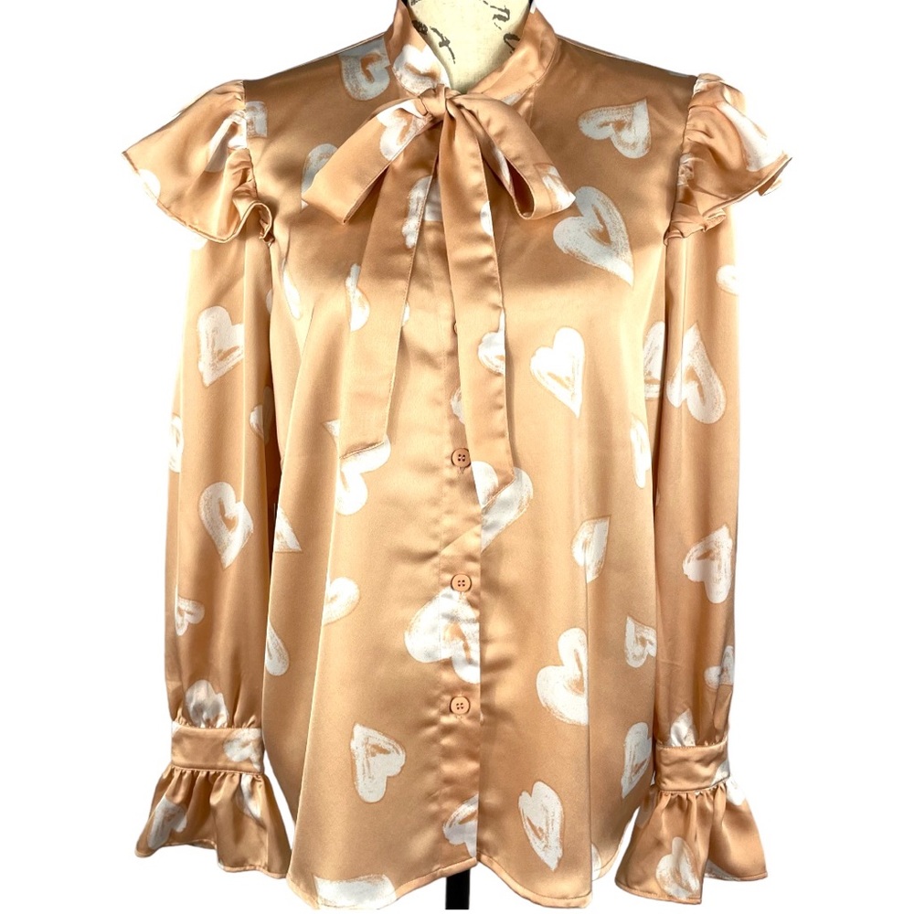 Forever 21 Satin Long Sleeve Button Down Heart Pattern Blouse with Neck Tie
